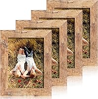 iRahmen 5x7 Picture Frame Set of 4 - Rustic Brown Wood with Real Glass, Tabletop & Wall Mount for Home Decor