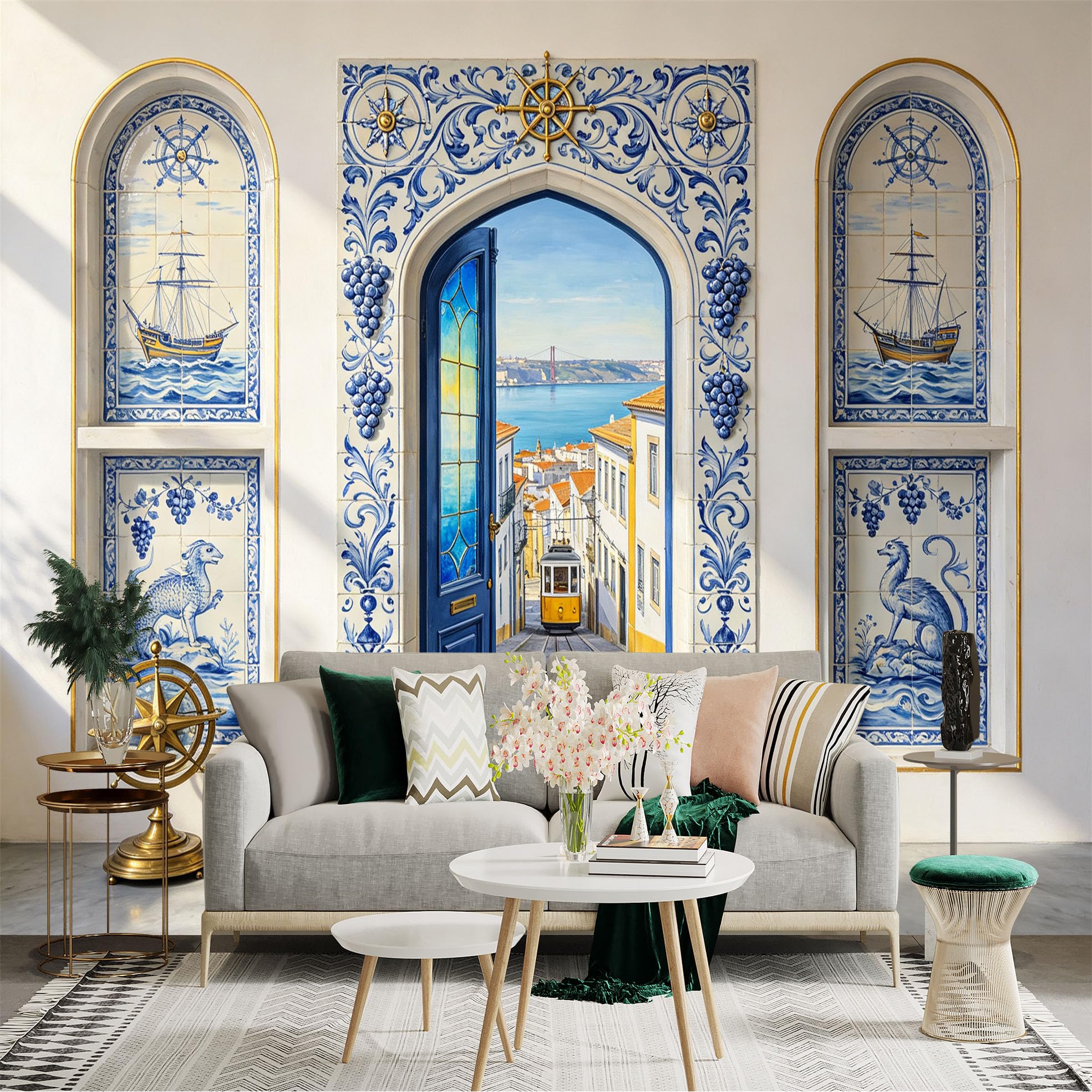 Custom Size Wall Sticker Mural， Blue Tile Archway， Coastal Tram Street， Mediterranean Seaside View， for wall Decoration， peelandstick wall Decals.