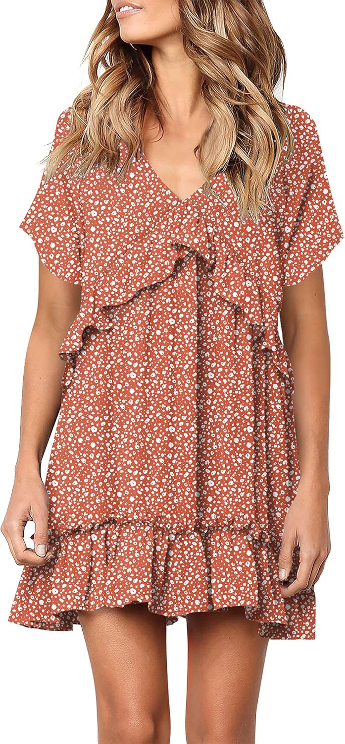 Women's Tunic Dress Cute Printed V Neck Long Sleeve Casual Swing Ruffle Dress