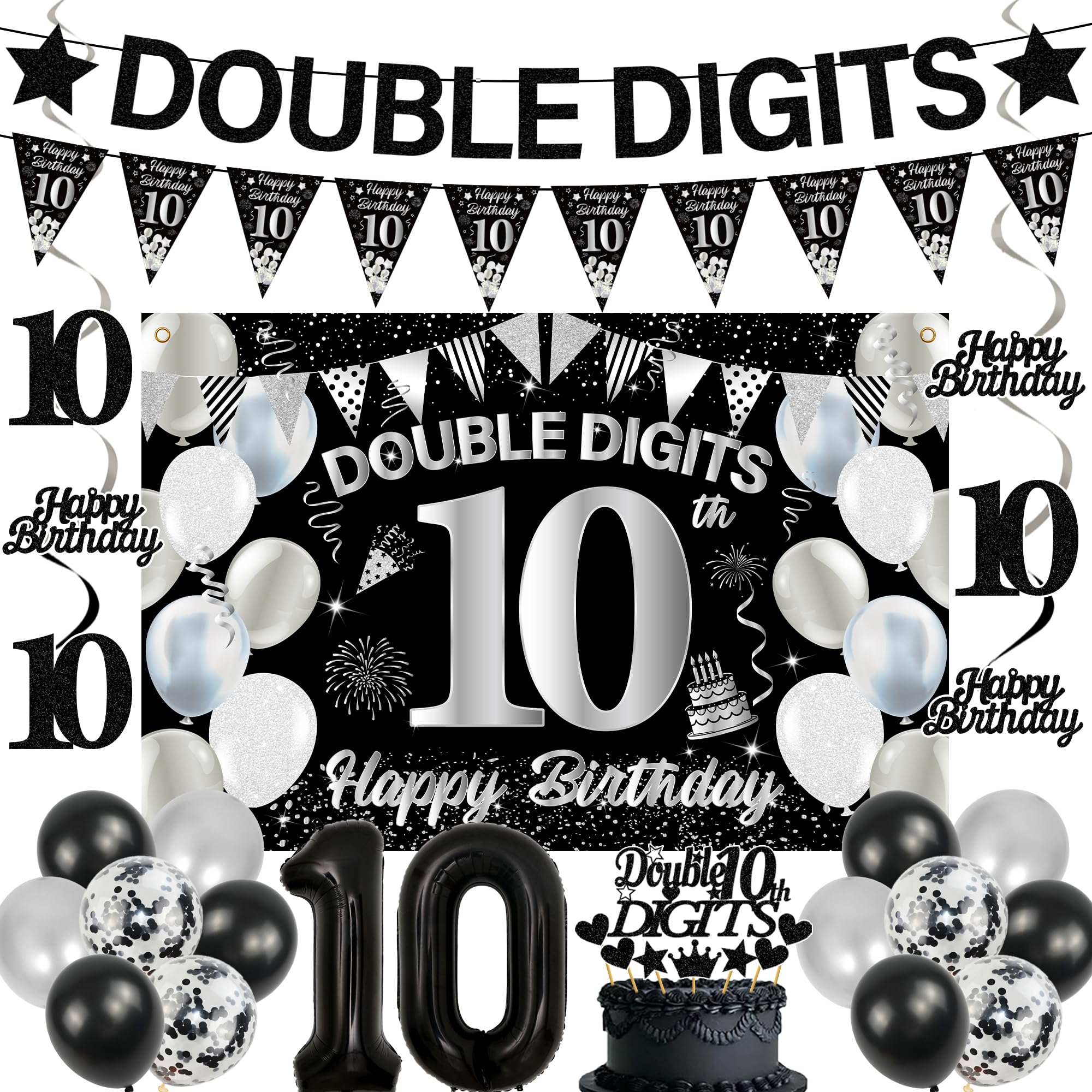 Double Digits 10th Birthday Decorations - 26 Pcs Black Party Decoration Including DOUBLE DIGITS Banner, Number 10 Foil Balloon, Backdrop and Hanging Swirls for Girls Boys 10 Years Old Party Supplies