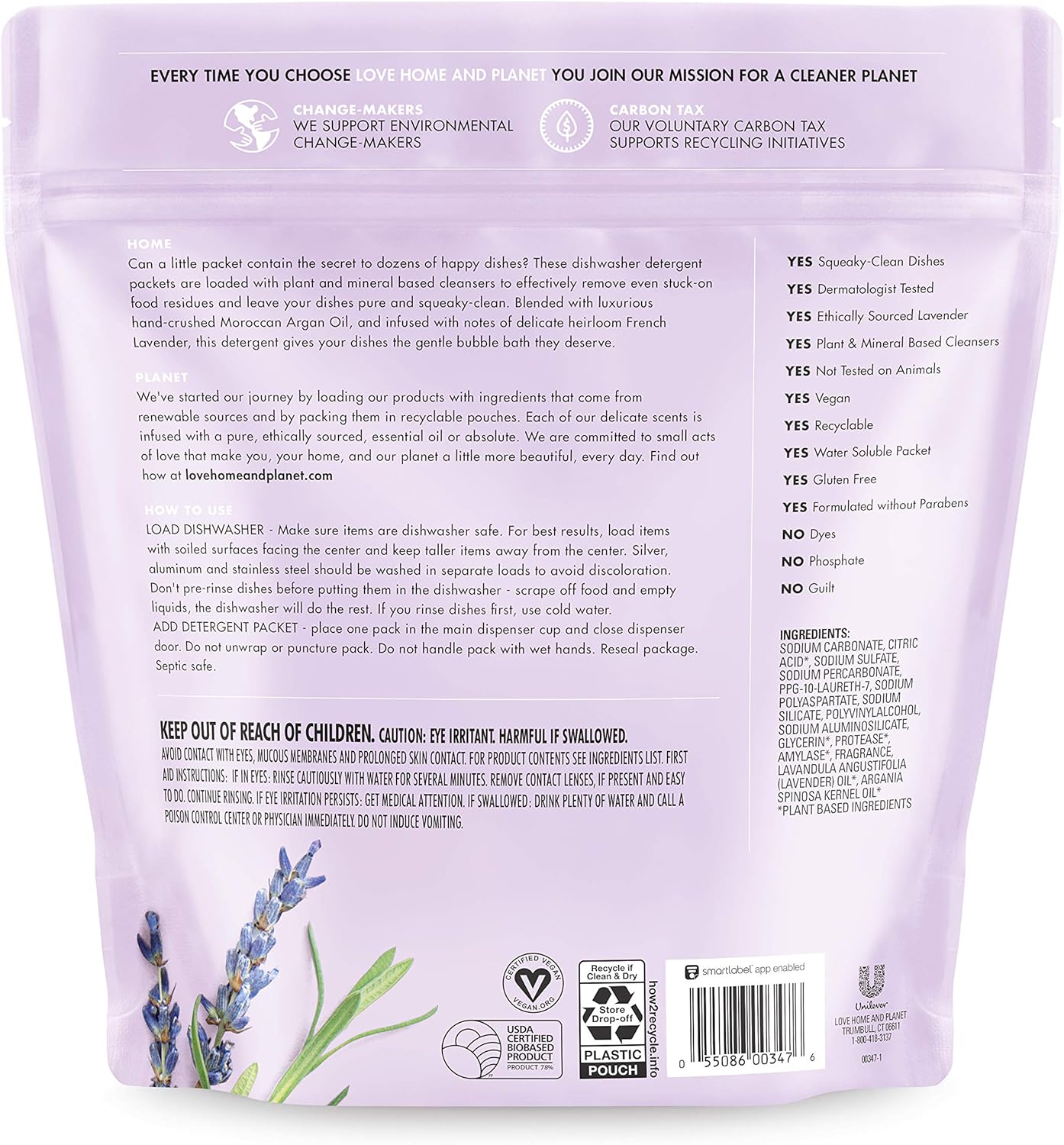 Love Home and Planet Dishwasher Detergent Packets Lavender & Argan Oil, 38 Count, Pack of 2 : Health & Household