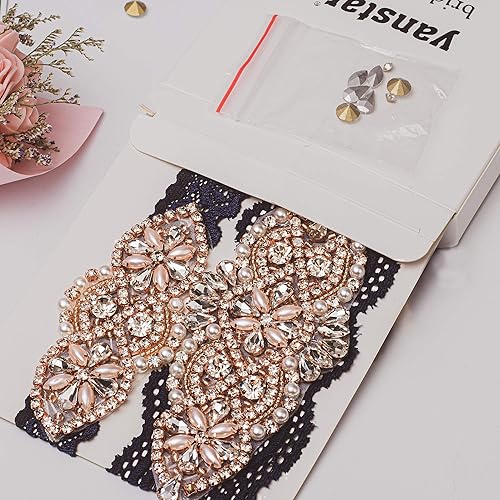 Miniatura 7 de yanstar Conjunto de liga nupcial para boda, encaje elástico champán con diamantes de imitación de plata perla de cristal transparente para vestido