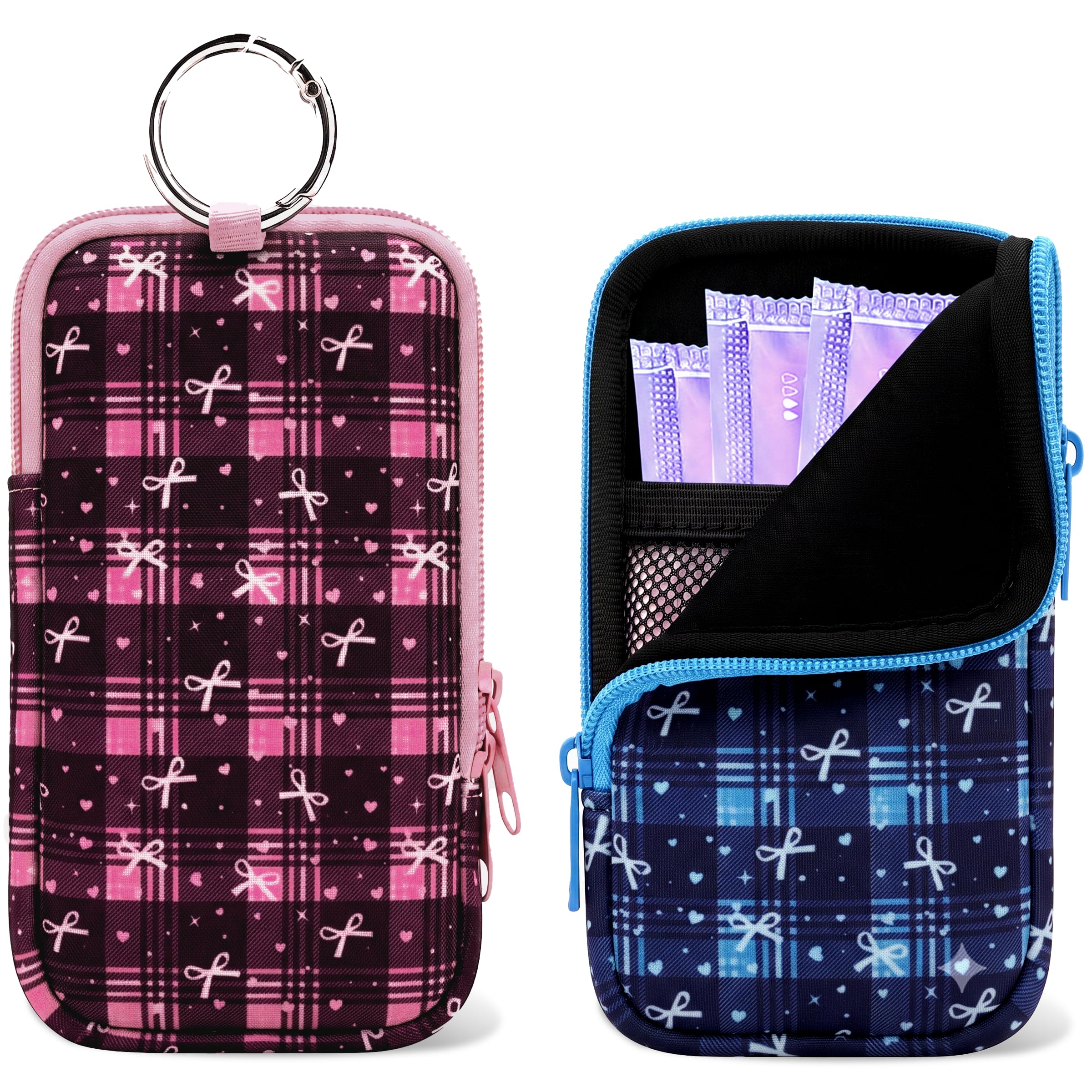 2PCS Tampon Holder Zipper Pouches Portable Period Bags (Plaid bow)