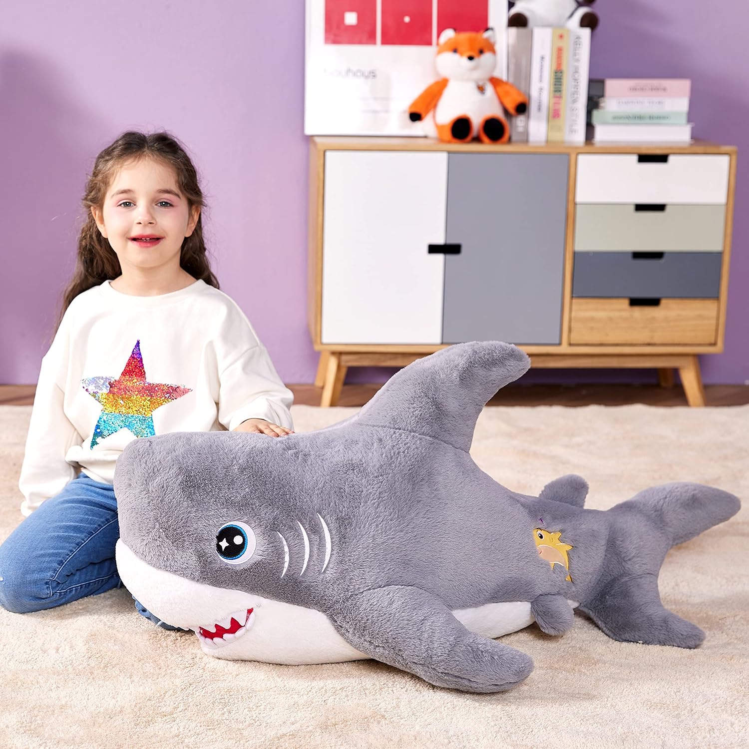 IKASA Giant Shark Stuffed Animal Plush Toy,39" Large Cute Jumbo Soft Toys,Huge Big Size Fluffy Plushy Fat Oversized Plushie,Gifts for Kids