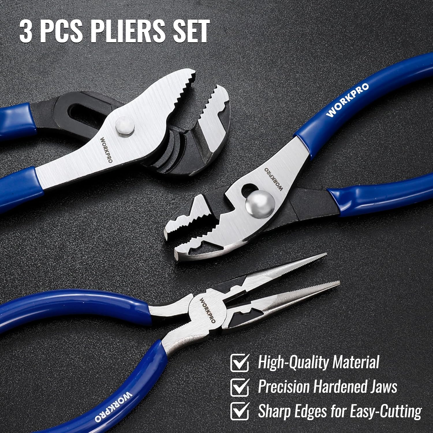 WORKPRO Pliers Set, 3-Piece Plier Tool Set with Soft Handle, 6" Needle Nose, 6" Slip Joint, 8" Groove Joint Plier for DIY & Home Use