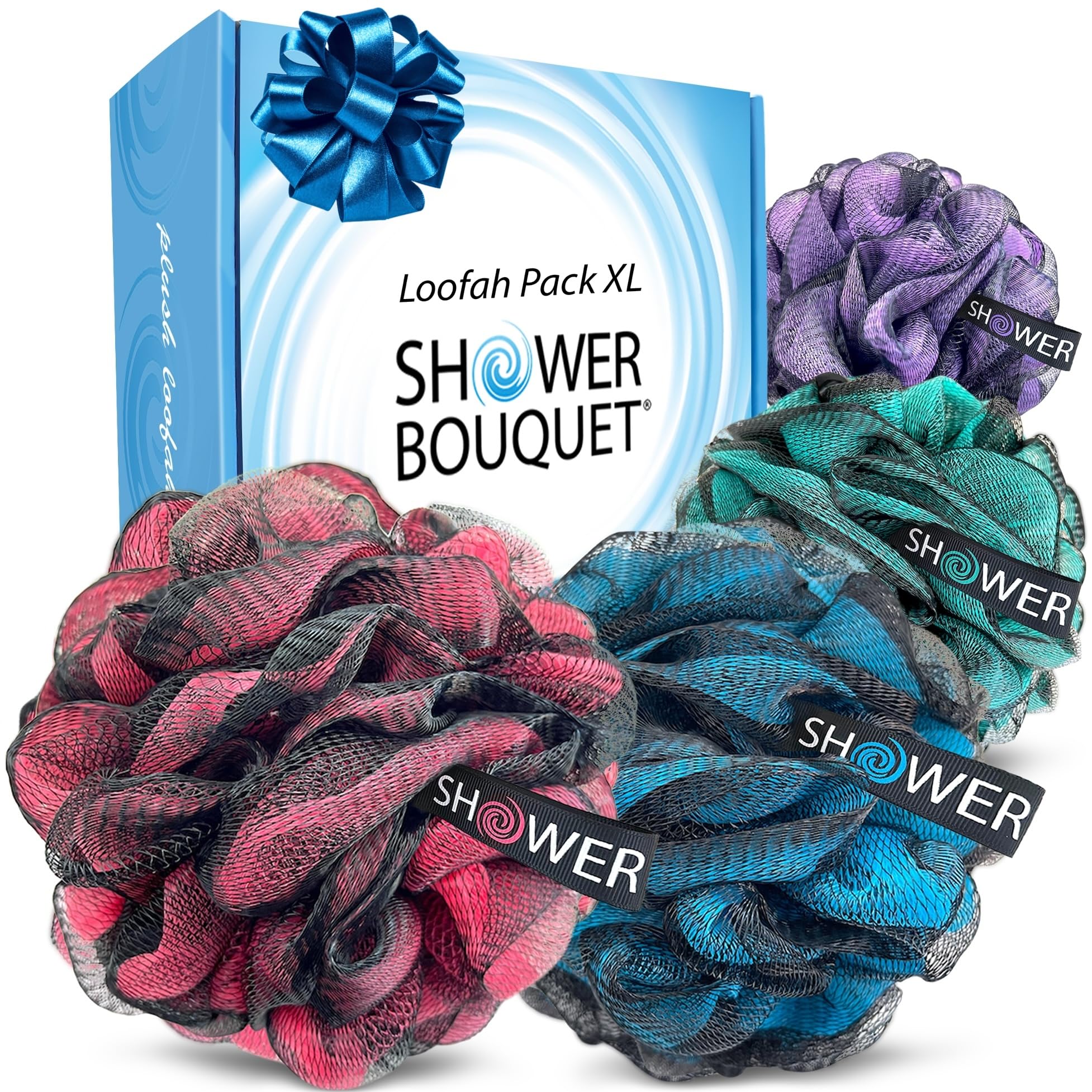 SHOWER BOUQUET Loofah-Charcoal Bath-Sponge XL-Color-4-Pack // Extra Large 75g Soft Mesh Black Luffa Loofa Loufa Puff Set/Exfoliating Body Scrubber for Women and Men - Exfoliate & Soothe Face & Body