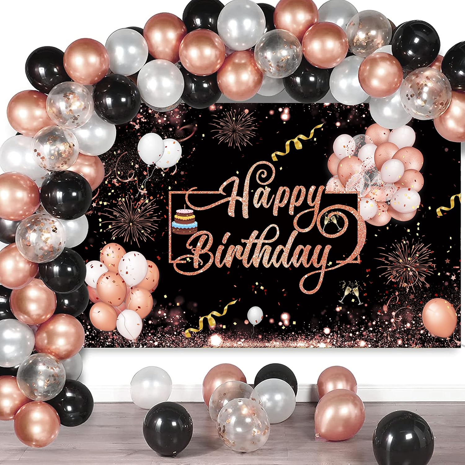 Rose Gold Black Happy Birthday Extra Large Background Banner with 50pcs Metallic Shiny Latex Balloons for Birthday Party Backdrop Decoration Supplies