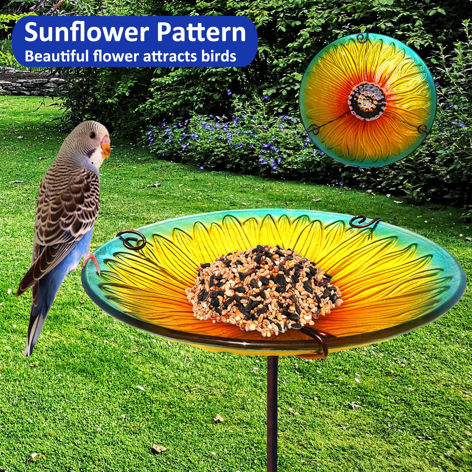 meetjoyancy Vogeltränke, Glas-Vogeltränke, Schale abnehmbar, Vogelfutterspender Schüssel mit Metallpfahl, stehende Vogeltränke für den Außenbereich, Garten, Sonnenblumengelb