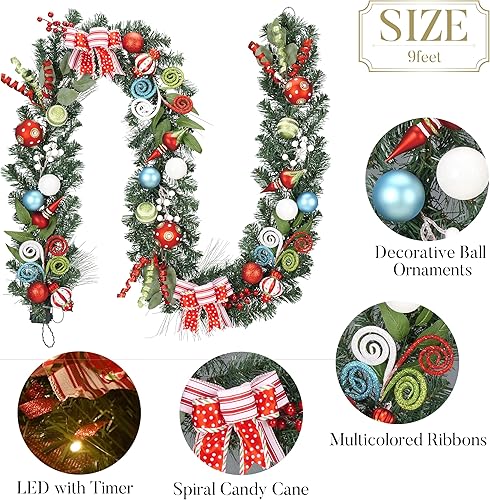 Miniatura 6 de Valery Madelyn Guirnalda de Navidad preiluminada de 9 pies con luces para manto, guirnalda de Navidad iluminada al aire libre con bolas y lazos