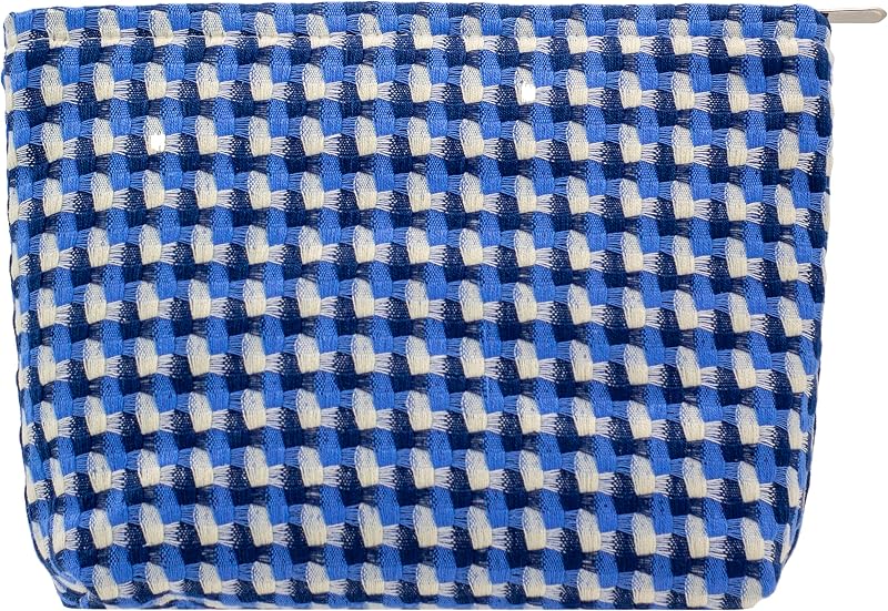 Necessaire de maquiagem PAZIMIIK com zíper, plana, estampa xadrez Grid Lake Blue, 1 unidade