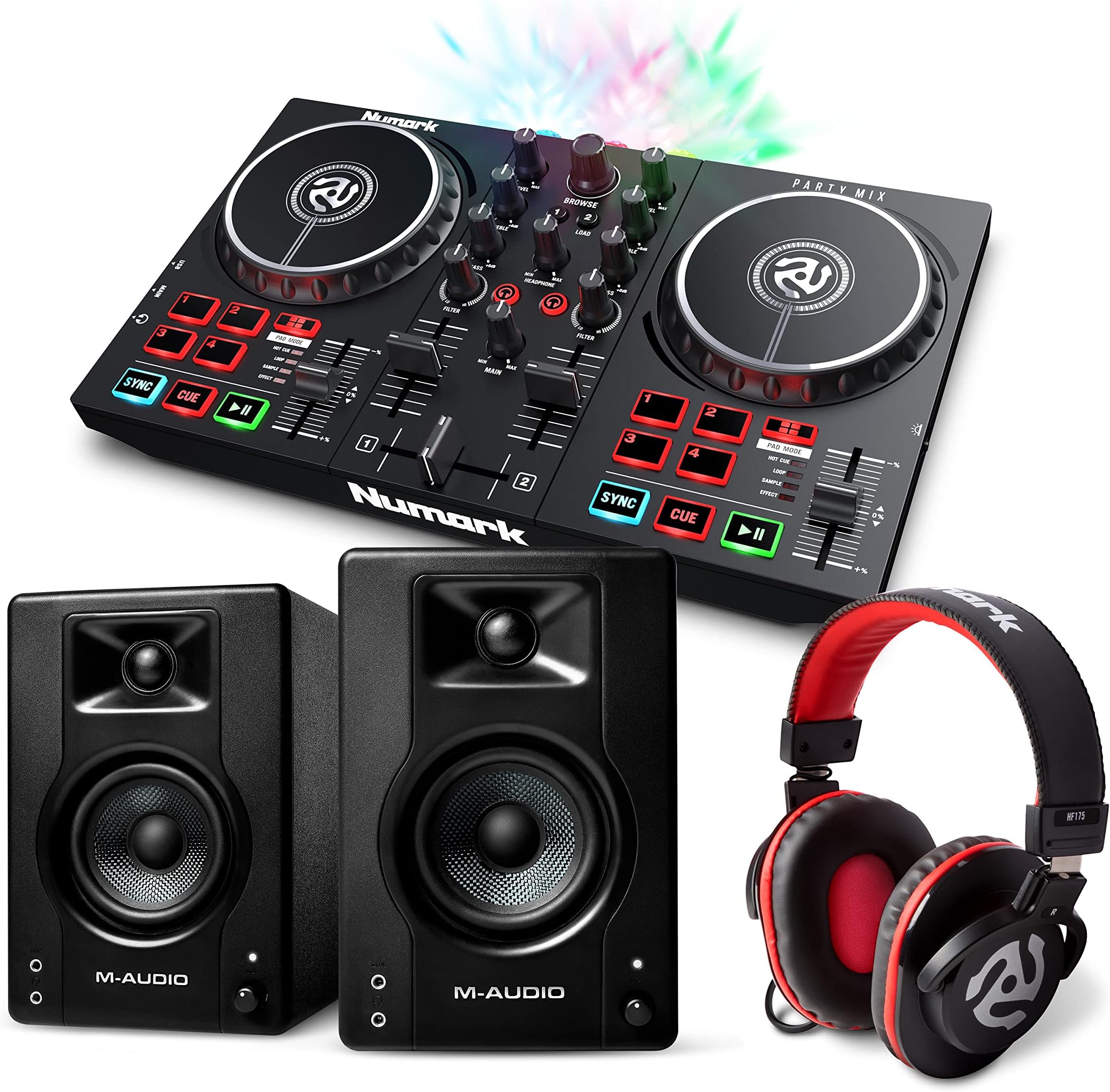 DJ Controller Bundle - Numark Party Mix MKII DJ Set with DJ Mixer and Audio Interface, M-Audio BX3 3.5" Studio Monitor Speakers and DJ Headphones
