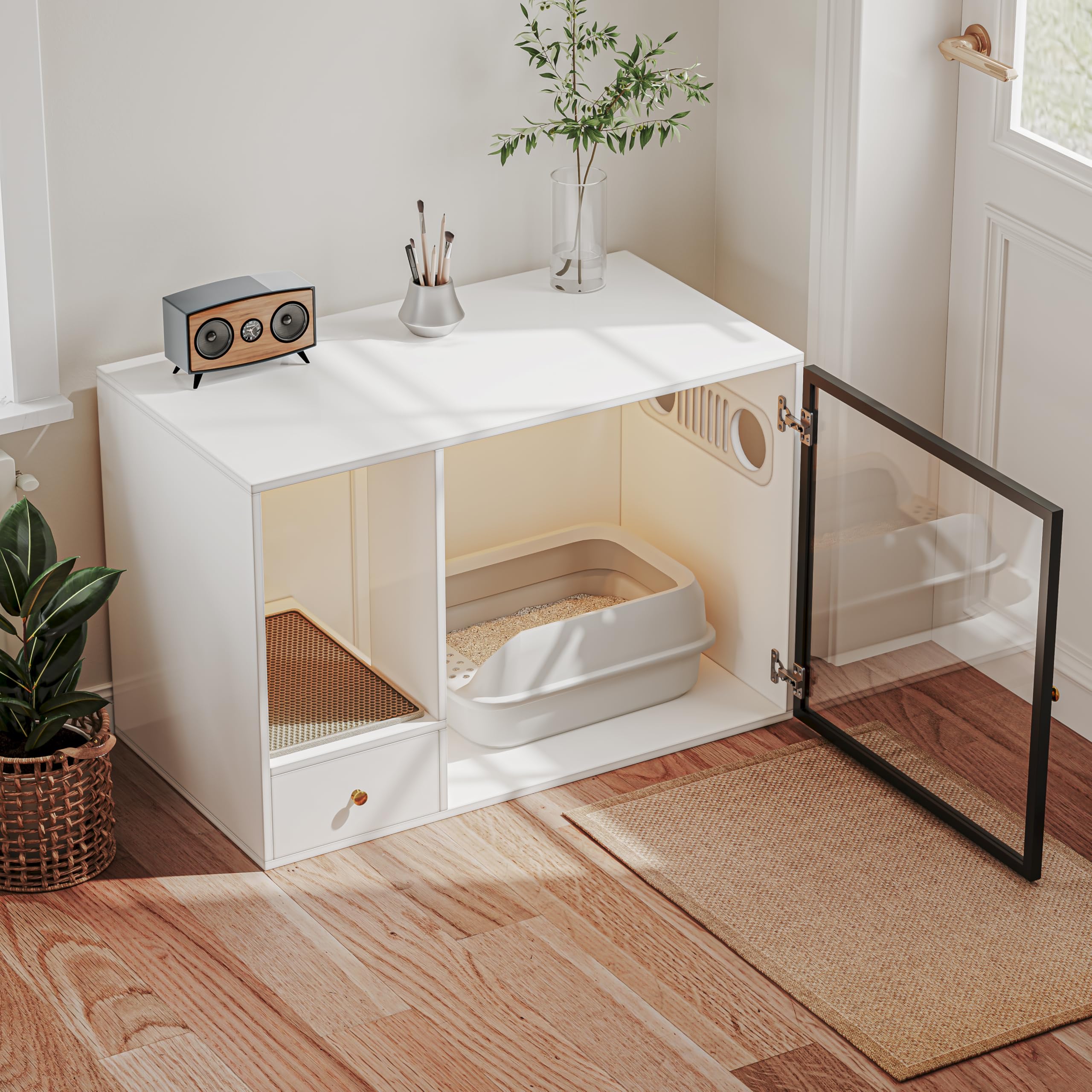 Top Entry Cat Litter Box Enclosure Furniture Style, White Large Hidden Glass Cat Cabinet Pet House with Stairs and Storage Drawers for Living Room (40.2'' W) - image 3