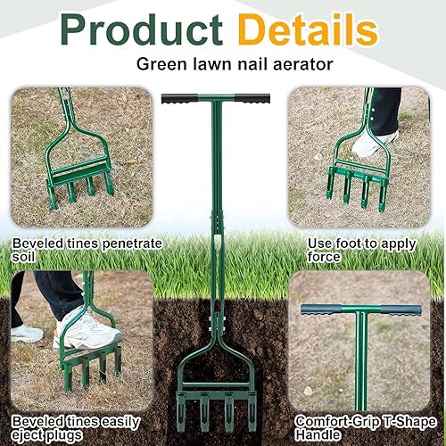 Miniatura 3 de Lasnten Aireador de césped, herramientas de aireación manual para patio con mango en T y aireadores de 3 núcleos, aireadores de núcleo de enchufe,