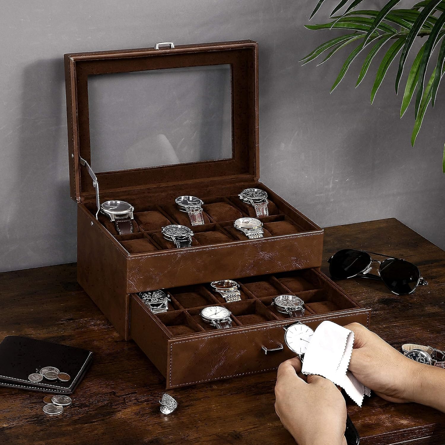 BEWISHOME Valet Tray Dresser Organizer Nightstand Organizer for Men & Watch Box Organizer for Men Luxury Watch Case 20 Slots Faux Leather