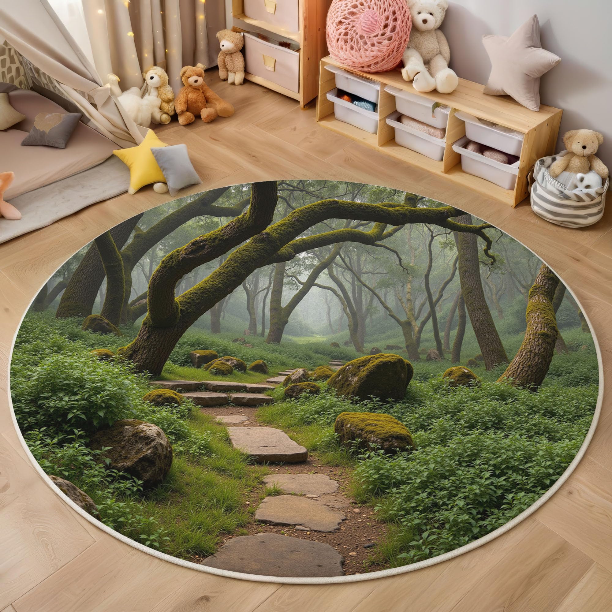 Tapis rond forêt tropicale vert olive 200cm pour salon et chambre d'enfant