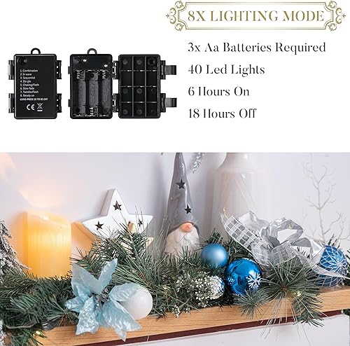 Miniatura 5 de Valery Madelyn Guirnalda de Navidad preiluminada con luces para manto, guirnalda de Navidad iluminada a pilas de 6 pies con bolas plateadas azul