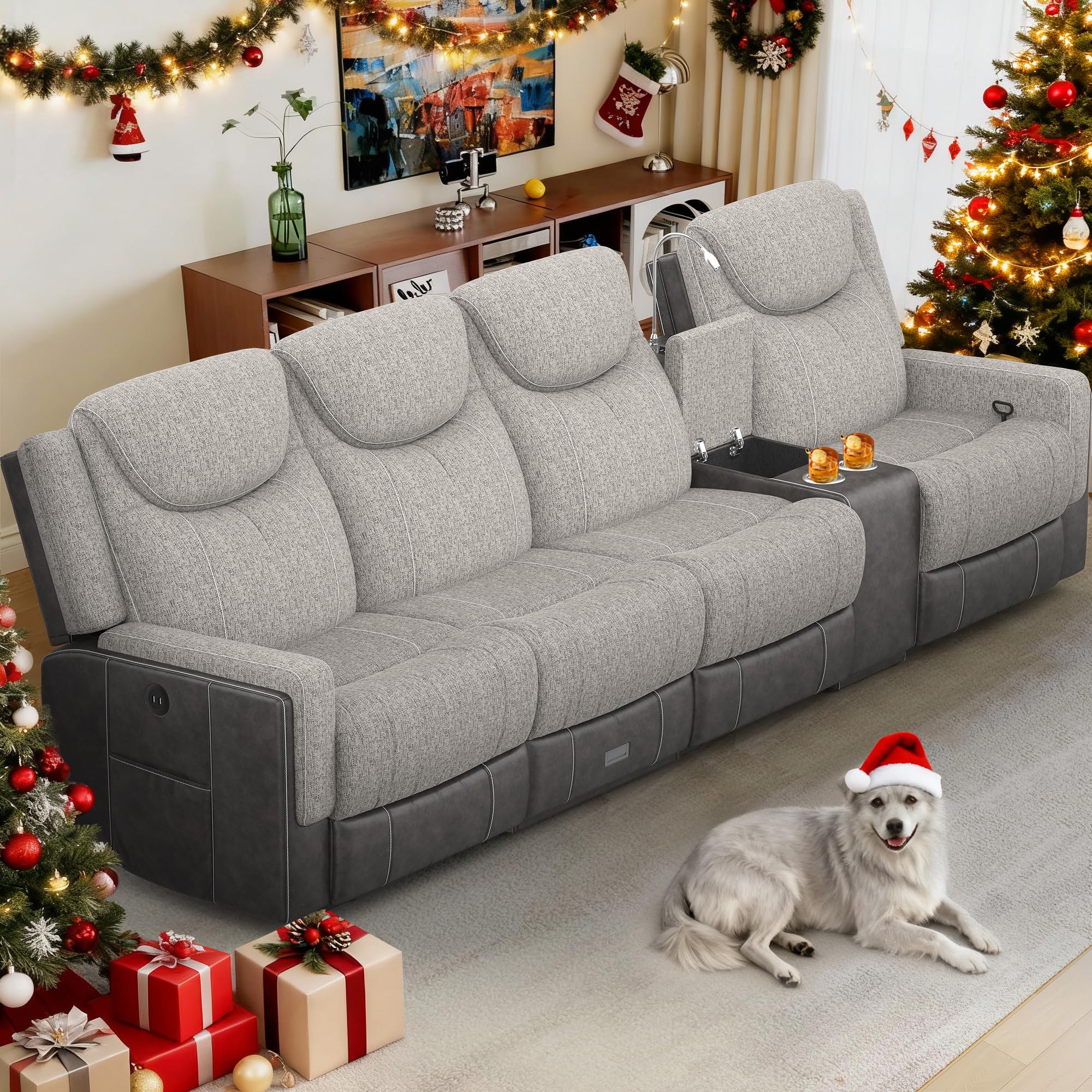 4 Seat Recliner Sofa 2 - Way Multi - Function Manual 4 Seater Recliner Couch with Cup Holders