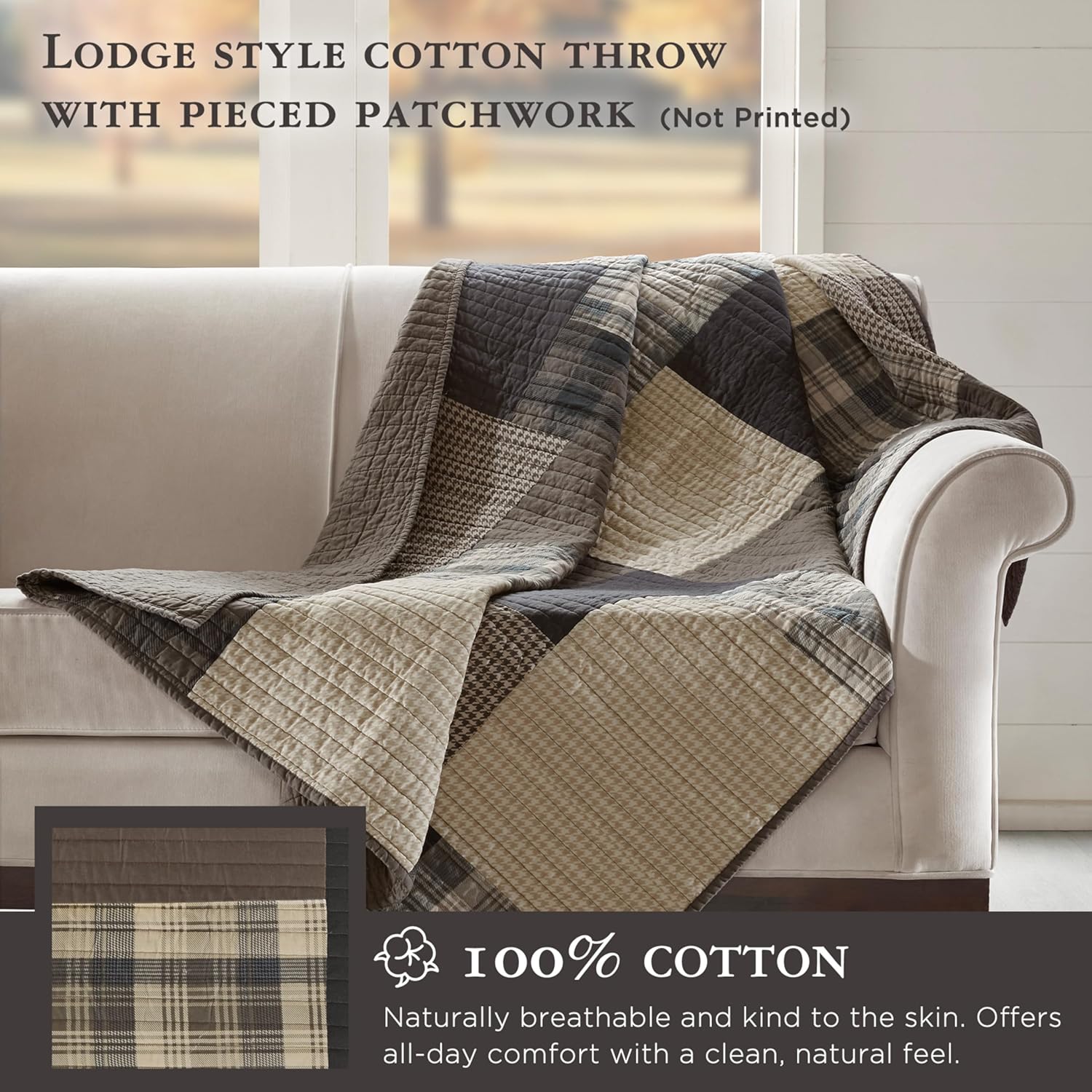 Woolrich Luxury Quilted Throw - Cabin Lifestyle, Patchwork with Moose Design All Season, Lightweight and Breathable Cozy Bedding Layer Throws for Couch Sofa, 50" W x 70" L, Winter Hills Tan