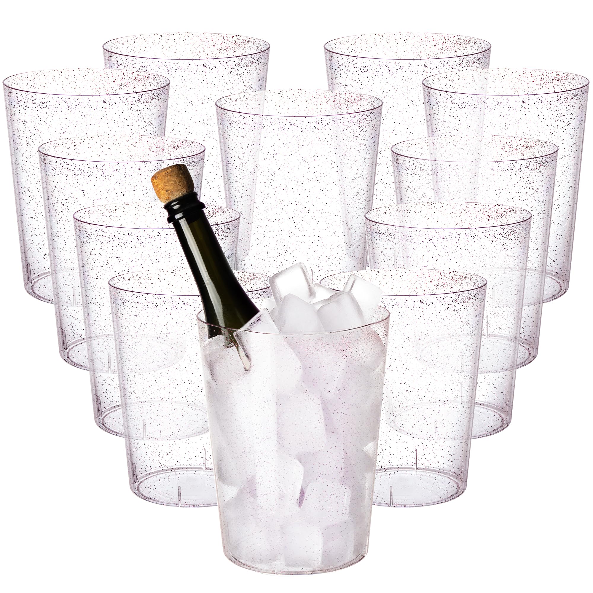 Lot de 12 seaux à glace jetables en plastique pour fêtes, or rose pailleté transparent pour mariage, bon comme un grand refroidisseur de champagne ou un refroidisseur de bouteille de vin classique