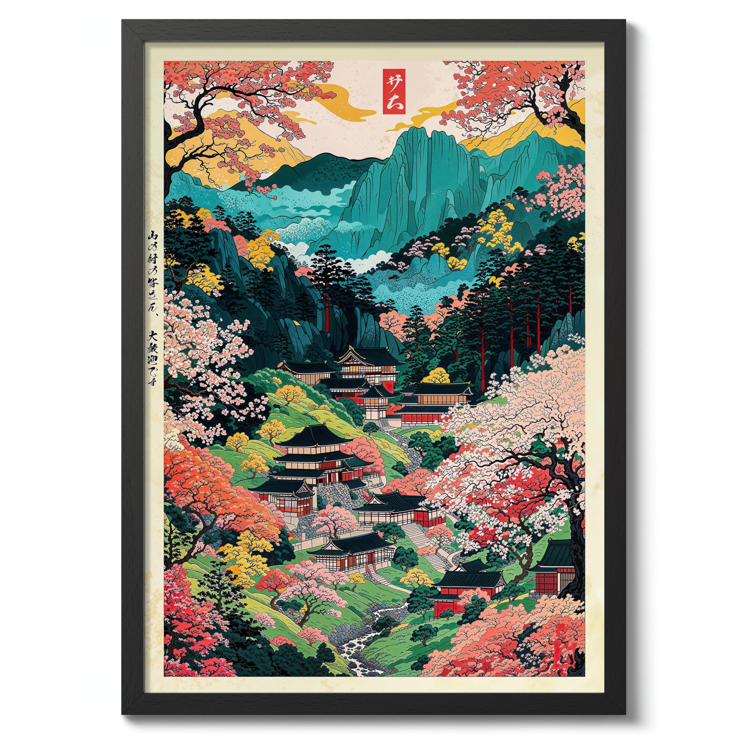 Mount Yoshino Village Anime Woodblock Poster Modern Ukiyo-E, Japanese Cartoon Illustration Print, Archival Matte, A2 (Black Frame) - 59.4x42cm