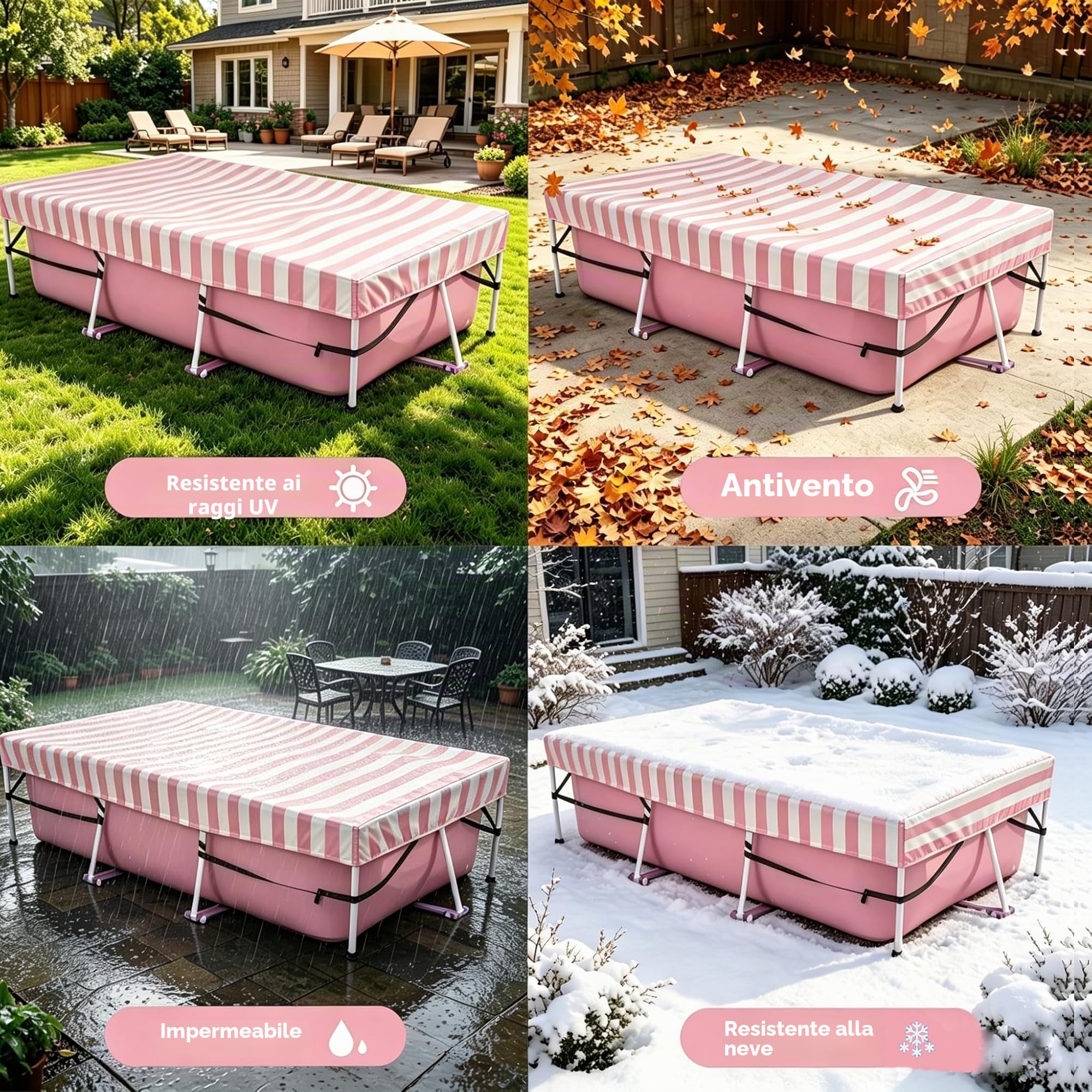 Copertura per piscina rettangolare fuori terra, copertura solare con elastico integrato e cinghia resistente, sedile fisso e facile montaggio, impedisce lo scivolamento, rosa bianco (220 x 150 cm)