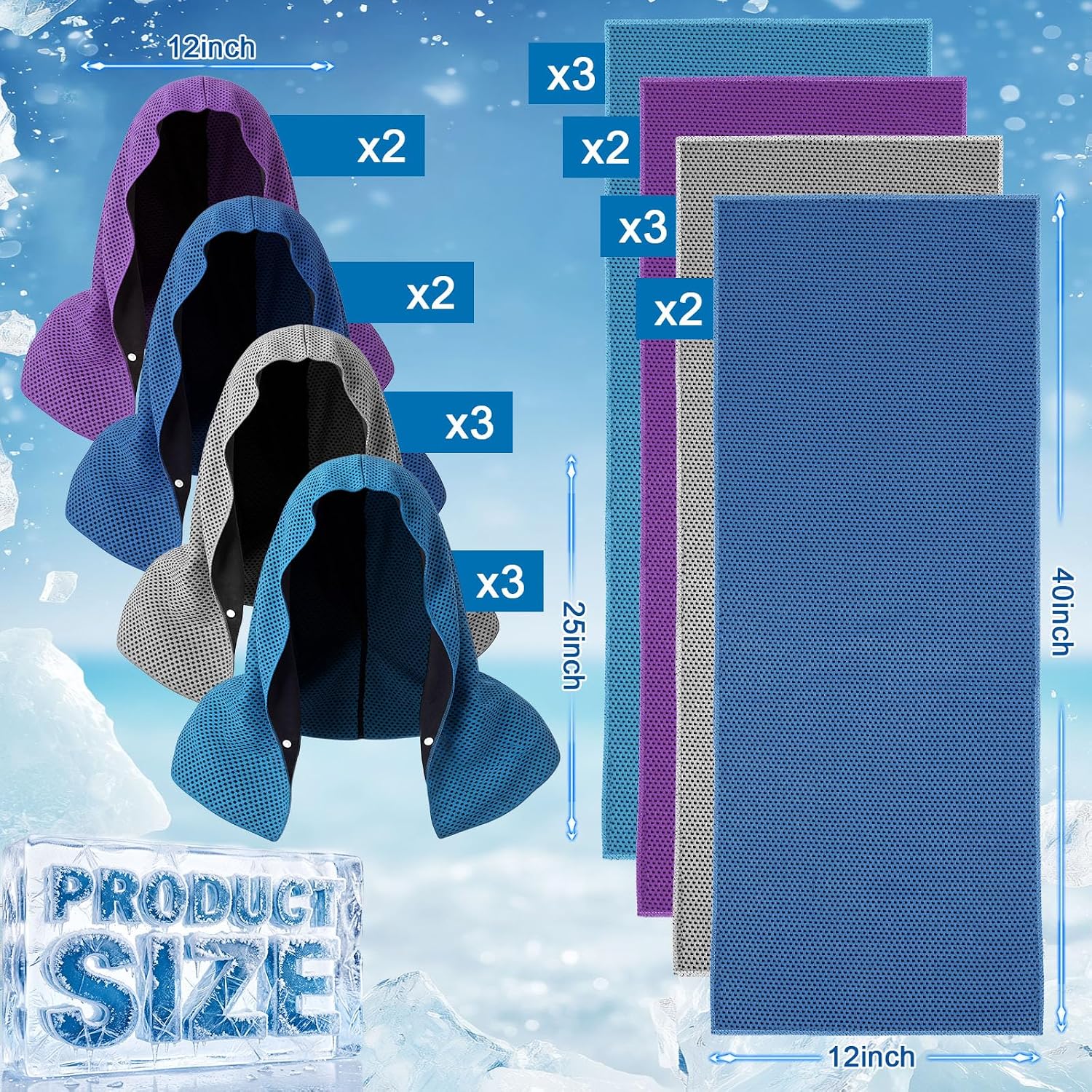 Honoson 20 Pcs12x25 Inch Cooling Hoodie Towel Bulk for Neck and Face 40x12 Inch Quick Dry Sweat Towels Instant Ice Cold Towel for Hot Weather Run Yoga Gym(Light Gray, Dark Blue, Light Blue, Purple)