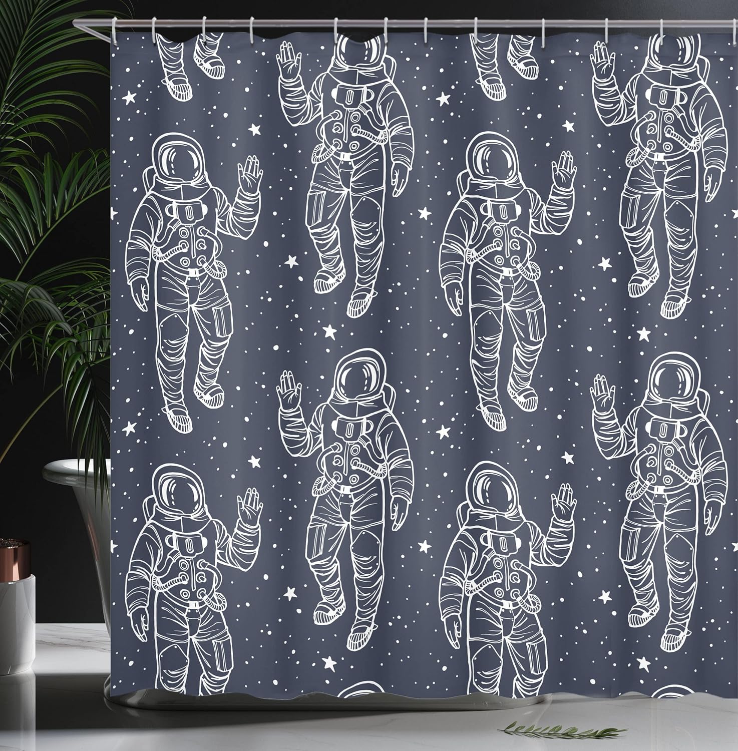 Ambesonne Outer Space Shower Curtain, Sketchy Astronaut in The Sky and Stars Cosmic Spacesuit with Raised Hand Salute Work of an Art, Cloth Fabric Bathroom Set with Hooks, 69" W x 75" L, Blue White