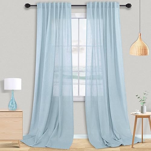 Miniatura 32 de Mrs.Naturall Cortinas transparentes verde esmeralda oscuro, cortinas de lino verde bosque para sala de estar, 63 pulgadas de largo, cortinas verdes