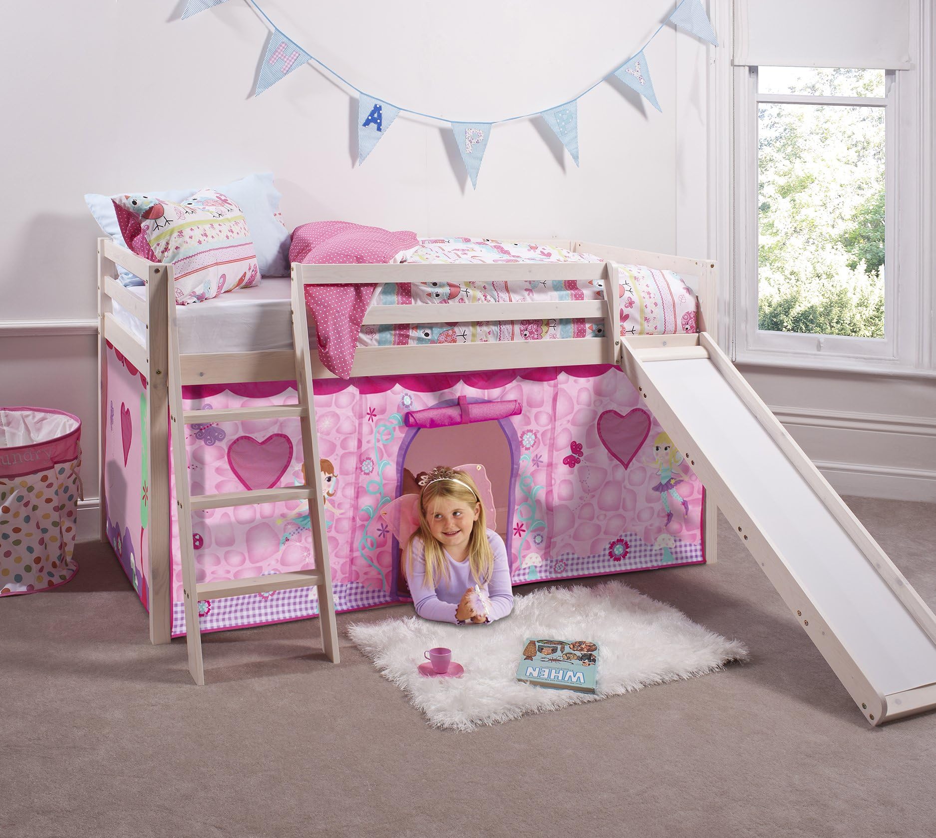 Noa and Nani - Midsleeper Cabin Bed with Slide and Fairies Tent - (Whitewashed Pine)