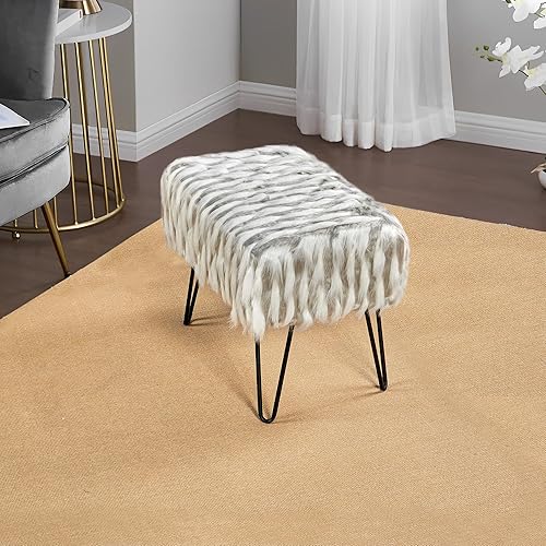 Miniatura 9 de Banco otomano de piel sintética gris y blanco, 19.5 x 12.5 x 17 pulgadas de alto, cómodos taburetes de maquillaje esponjosos con patas de metal,