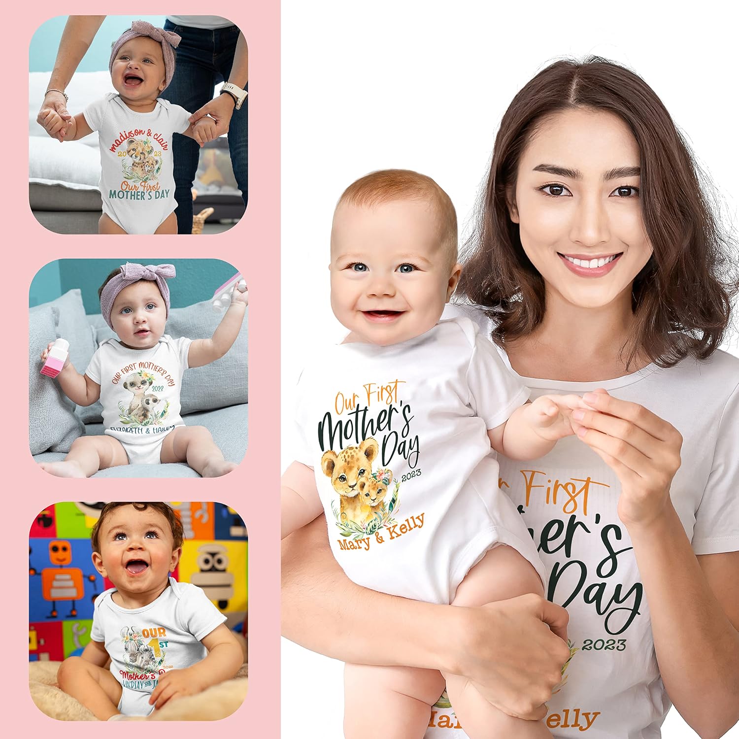 Our First Mothers Day Matching Outfit for Mom & Baby Boy, Girl | 10 Design - 5 Sizes | Personalized 1st Time Mom Shirt and Baby Bodysuit w/Names