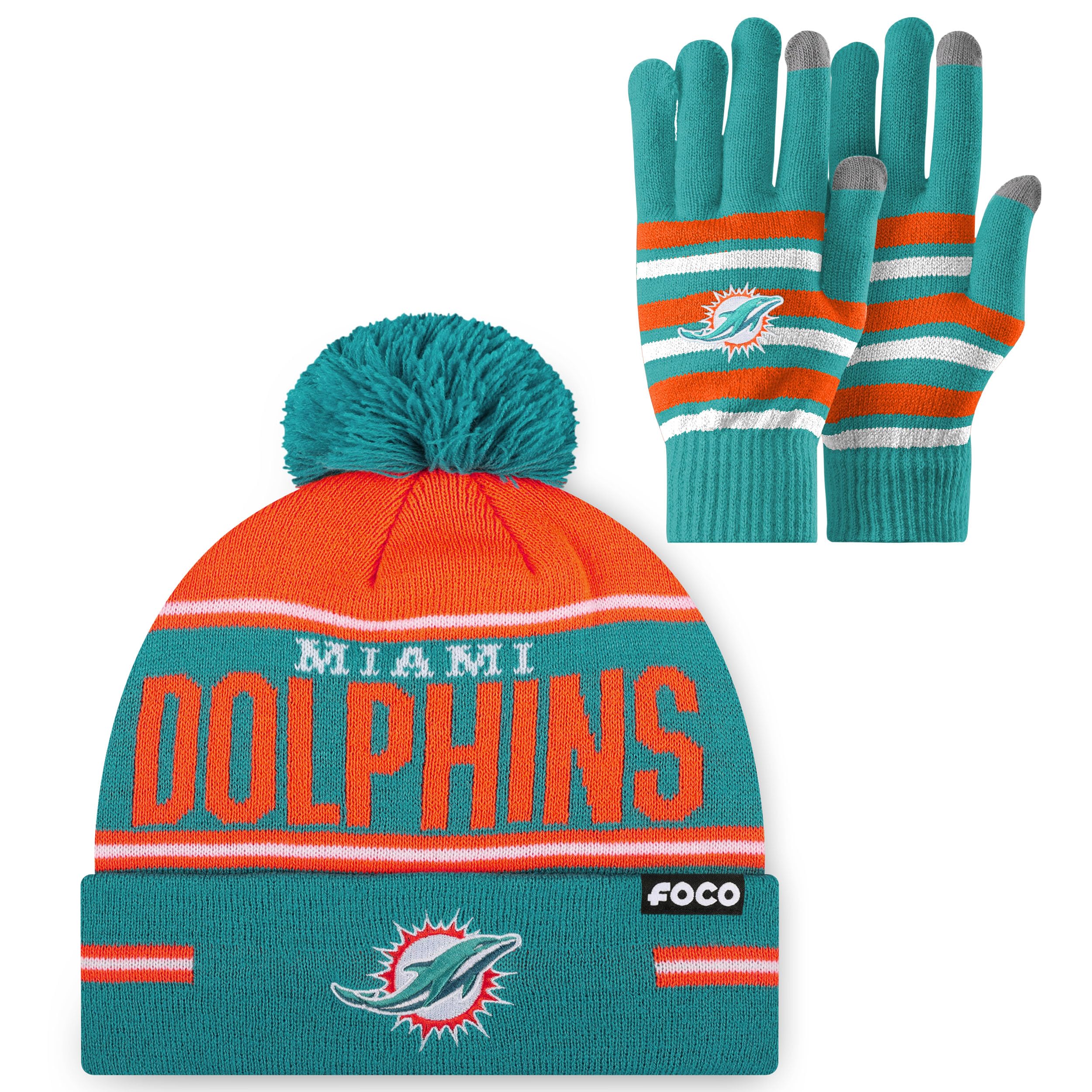 FOCO NFL unisex-adult Nfl Team Logo Adult Stretch Gloves With Big Wordmark Strip Pom Knit Hat Beanie Set
