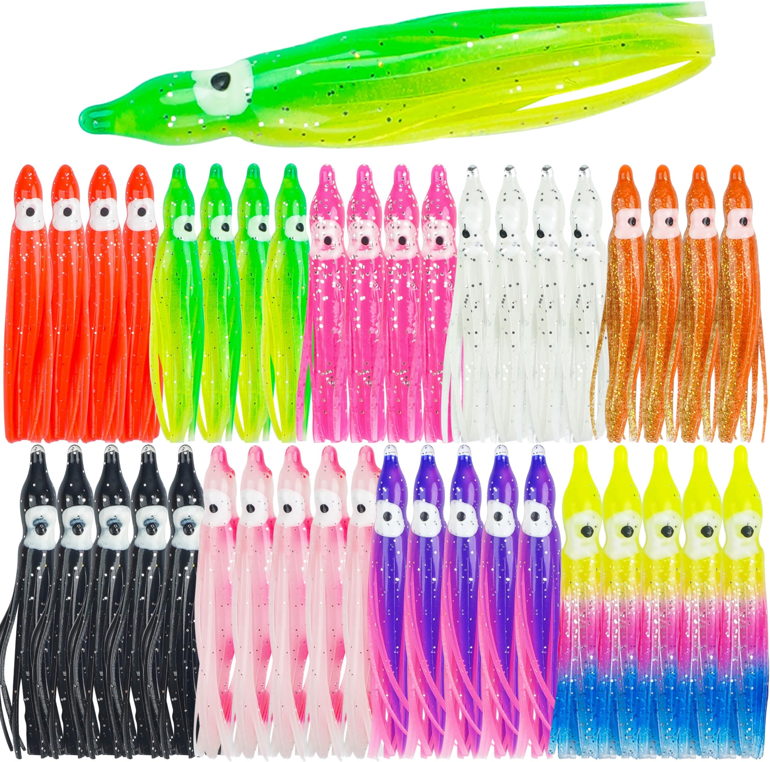 Fishing Squid Skirts Lures, 30/60pcs Luminous Octopus Skirts Trolling Lures Soft Plastic Fishing Bait Set for Bass Salmon Trout Multicolored 5cm,7cm 9cm,12cm