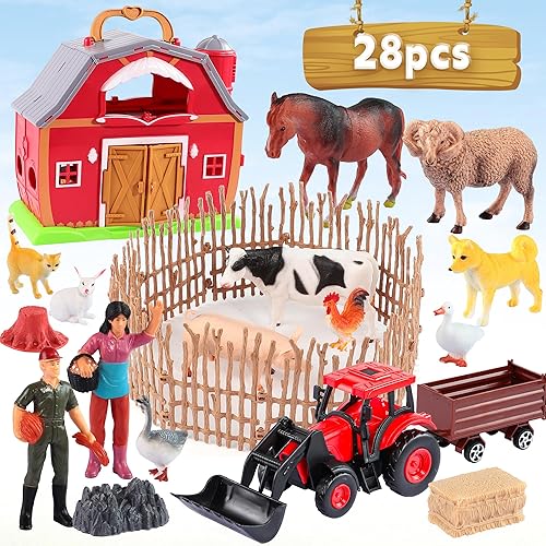 Red Barn - Juguetes de animales de granja, 28 figuras de animales y tractor de granja, juguetes educativos de aprendizaje para niños pequeños y