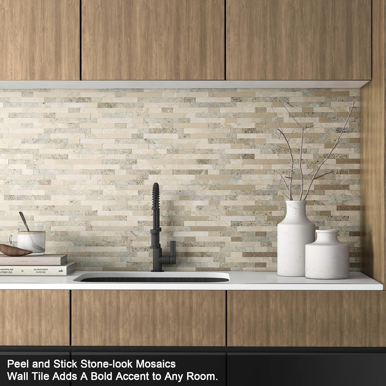 BeNice Kitchen Marble Mosaic Peel and Stick Backsplash Matte,Linear Stick on Tiles for Bathroom Wall Fireplace(Autumn Brown 5 PCS)
