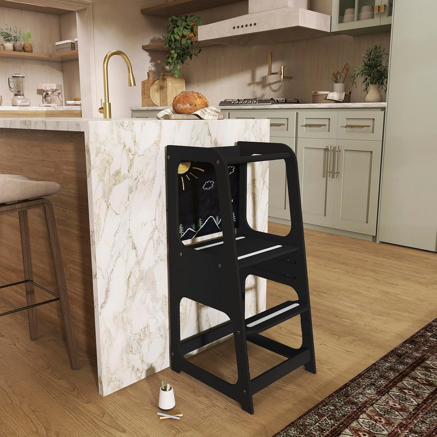 Dream On Me Explora Tower & Step Stool in Black – Solid Pinewood Kids Tower with 3 Adjustable Heights, Anti-Slip Base, Chalkboard for Creative Play