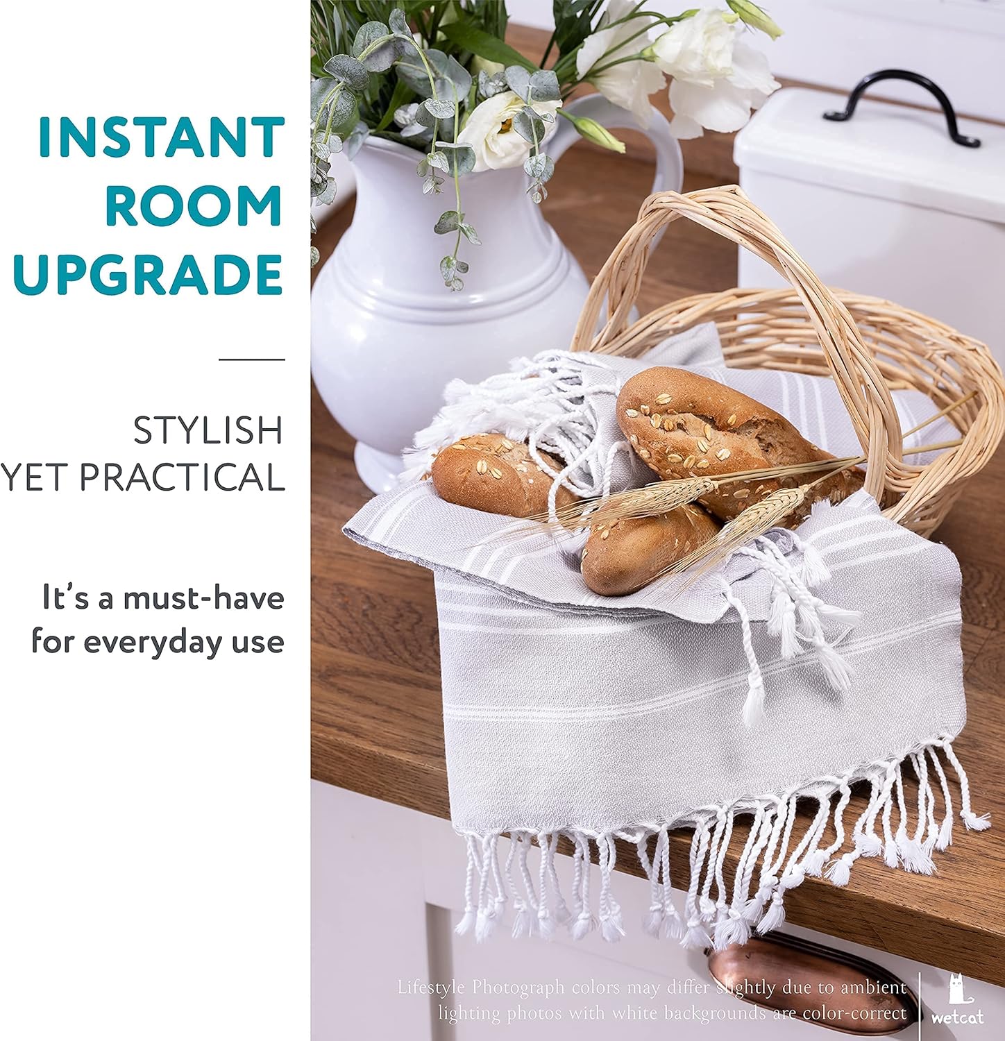 WETCAT Bundle: Turkish Bath Towel (38 x 71) and Turkish Hand Towels (20 x 30, Set of 2) - 100% Cotton, Prewashed for Soft Feel - Light Grey Bath Towels & Light Grey Towel Sets for Bathroom