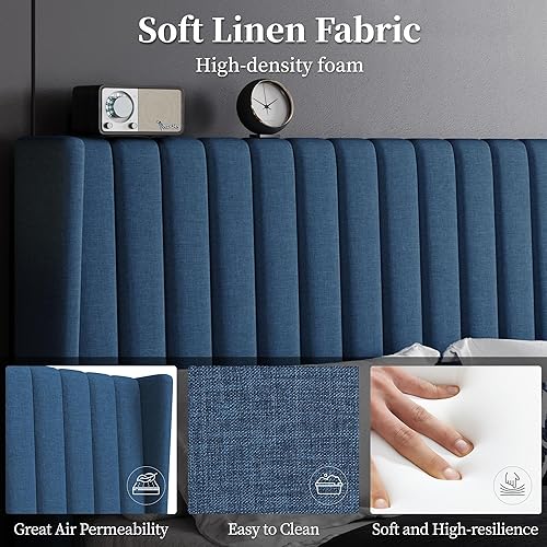 Miniatura 32 de Yaheetech - Base de cama matrimonial, plataforma tapizada con cabecera de borde ala, base de colchón de tela capitoné cuadrada, soporte de listones