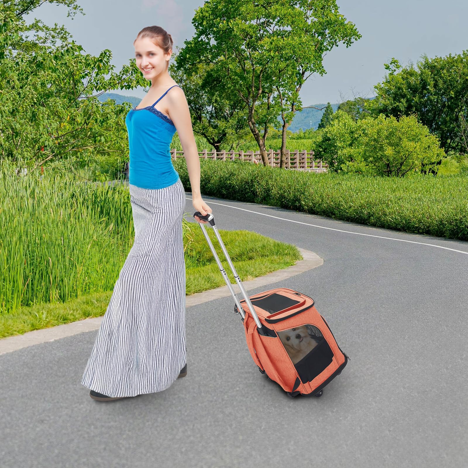 Transportín para perros con ruedas, plegable, mochila para gatos con mango telescópico, cajas de transporte para gatos grandes y perros pequeños con malla transpirable, mochila para mascotas de hasta