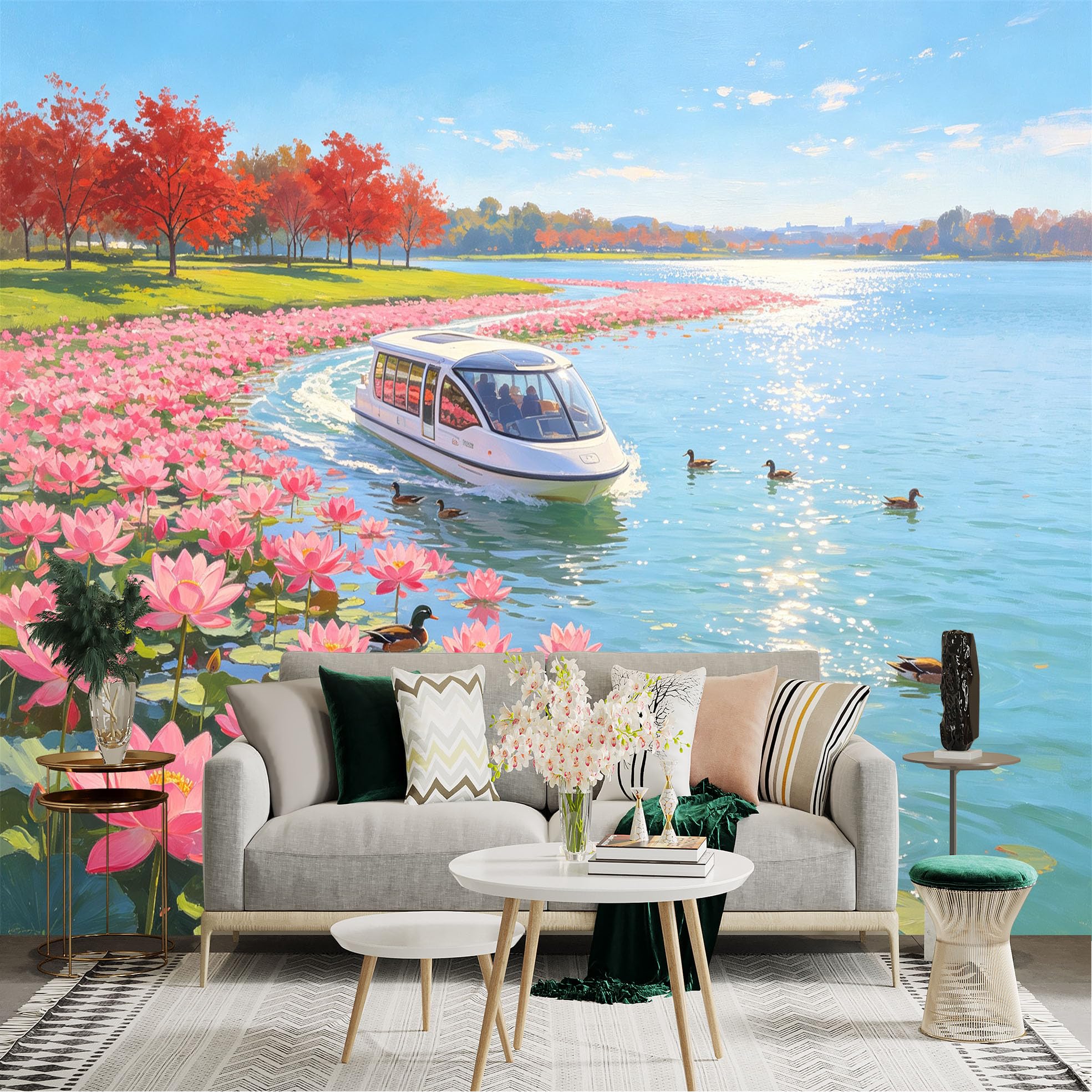 Custom Size Wall Sticker Mural， Scenic Lake with Lotus Flowers， Sightseeing Boat， Swimming Ducks， Peaceful Nature Landscape， for wall Decoration， peelandstick wall Decals.