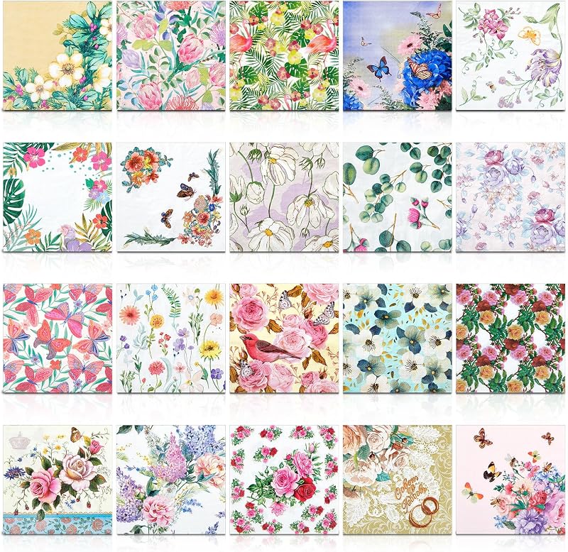 Crtiin 20 Pack Decoupage Napkins Floral Cocktail Decorative Paper Napkins | 20 Styles Floral Flower Cocktail Decorative Napkins for Parties, Ideal for Decoupage Crafts and Cocktail Events