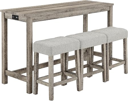 Knocbel Classic 3-Person Counter Height Bar Table Set with Power Outlet, 4-Piece Dinette Set with Padded Seat Stools, Apartment Condo Small Space Pub Bistro Dining Furniture Set Brown and Linen 59"