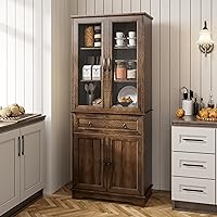Fatmok 72" Tall Farmhouse Kitchen Pantry Cabinet with Glass Doors, 4 Doors & Drawer, Rustic Brown Hutch Storage