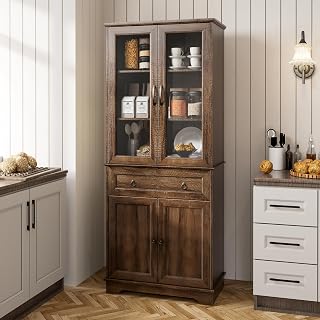 Fatmok 72" Tall Farmhouse Kitchen Pantry Cabinet with Glass Doors, 4 Doors & Drawer, Rustic Brown Hutch Storage