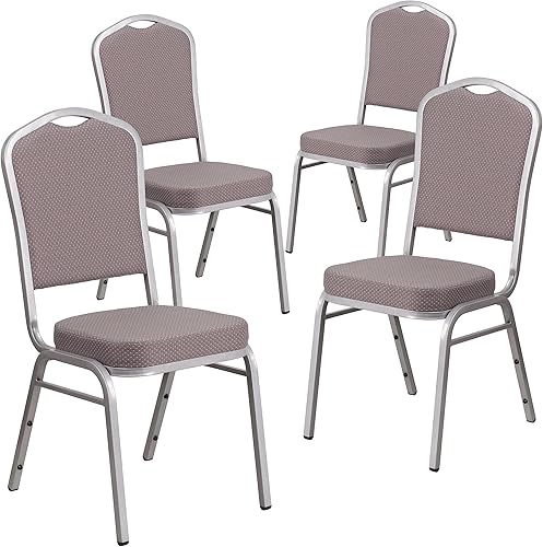 Miniatura 74 de Flash Furniture HERCULES Series - Silla apilable para banquetes con respaldo de corona en tela estampada marrón, marco de vena dorada
