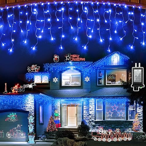Miniatura 14 de 810 luces LED de Navidad para interiores y exteriores, 82 pies, tira de luces azules y blancas con 180 gotas, 12 modos de luces de cortina Azul &