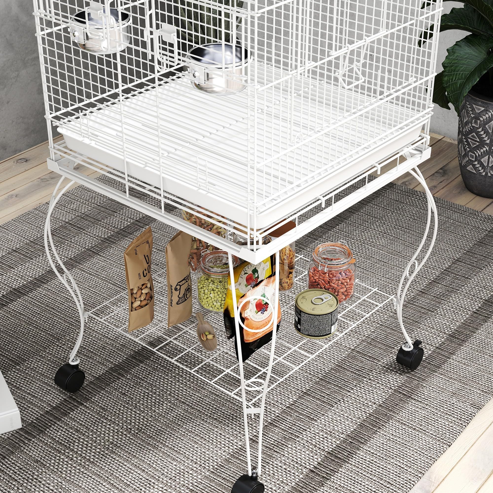 PawHut Jaula para Pájaros con Ruedas y Estante, 51x51x153 cm, Jaula Grande con Parte Superior Abatible, 2 Comederos, 2 Perchas, 4 Puertas y Bandeja Extraíble, para Loros y Canarios, Blanco