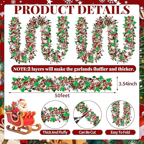 Miniatura 2 de Guirnalda de oropel de Navidad de 50 pies, copo de nieve y árbol de Navidad, guirnaldas brillantes de torsión metálica, adornos colgantes para el