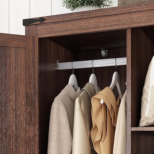 Miniatura 6 de Armario de 2 puertas con puertas y cajones, armario de madera de granja con estantes y barra para colgar para dormitorio, color marrón