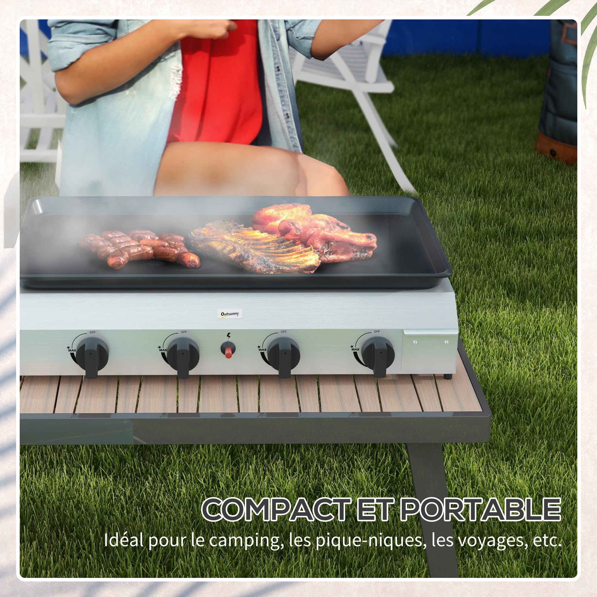 Outsunny Plancha gaz en acier inox émaillé plaque de cuisson 4 brûleurs 9,6 kW antiadhésive grande surface de cuisson 73L x 34l cm, transportable